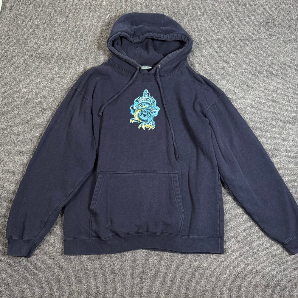 VTG Y2K Top Heavy Dragon Hoodie Mens Size M Navy Blue Graphic Sweatshirt 2001